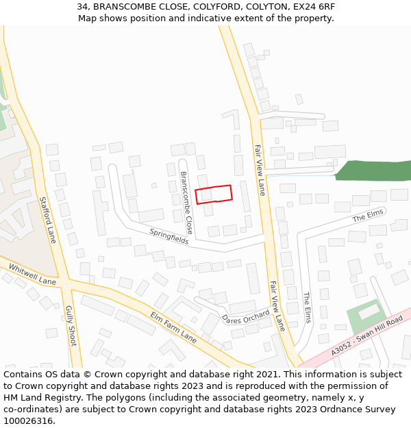 34, BRANSCOMBE CLOSE, COLYFORD, COLYTON, EX24 6RF: Location map and indicative extent of plot