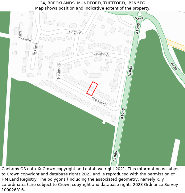 34, BRECKLANDS, MUNDFORD, THETFORD, IP26 5EG: Location map and indicative extent of plot