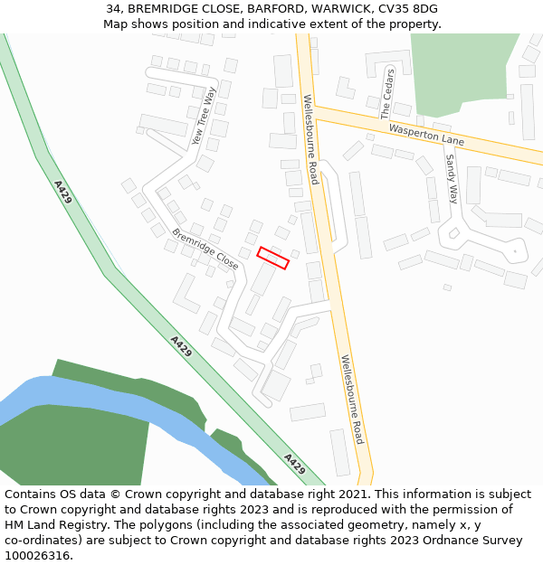 34, BREMRIDGE CLOSE, BARFORD, WARWICK, CV35 8DG: Location map and indicative extent of plot