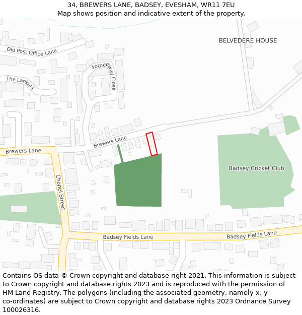 34, BREWERS LANE, BADSEY, EVESHAM, WR11 7EU: Location map and indicative extent of plot