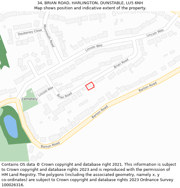 34, BRIAN ROAD, HARLINGTON, DUNSTABLE, LU5 6NH: Location map and indicative extent of plot