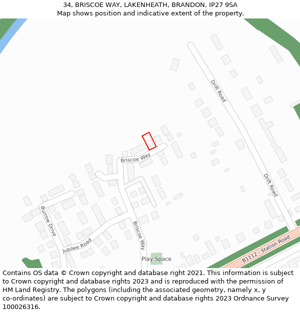34, BRISCOE WAY, LAKENHEATH, BRANDON, IP27 9SA: Location map and indicative extent of plot