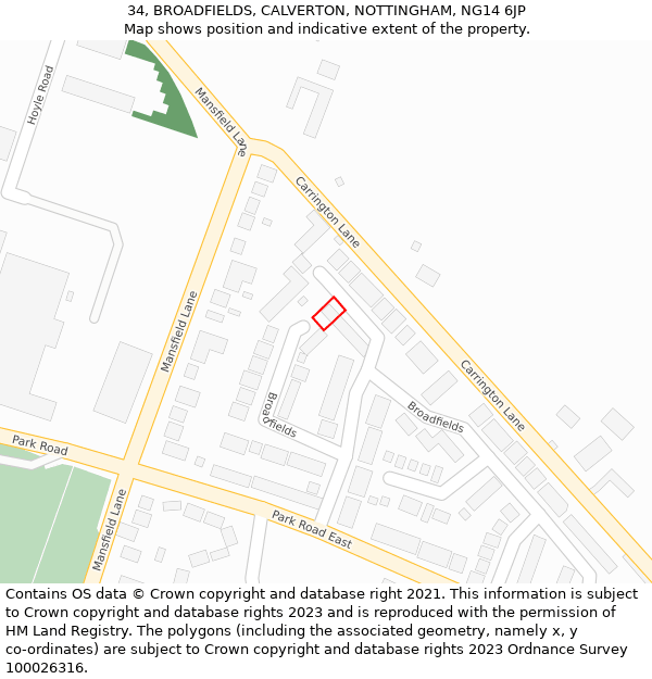 34, BROADFIELDS, CALVERTON, NOTTINGHAM, NG14 6JP: Location map and indicative extent of plot