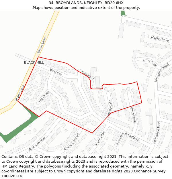 34, BROADLANDS, KEIGHLEY, BD20 6HX: Location map and indicative extent of plot