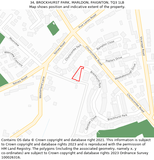 34, BROCKHURST PARK, MARLDON, PAIGNTON, TQ3 1LB: Location map and indicative extent of plot