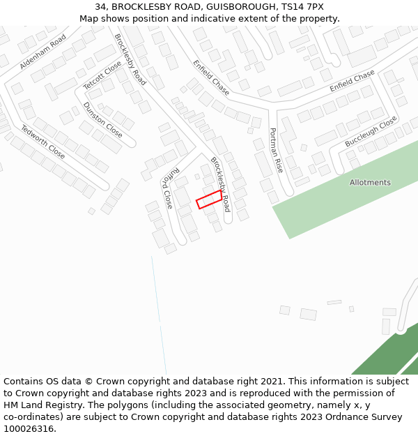 34, BROCKLESBY ROAD, GUISBOROUGH, TS14 7PX: Location map and indicative extent of plot