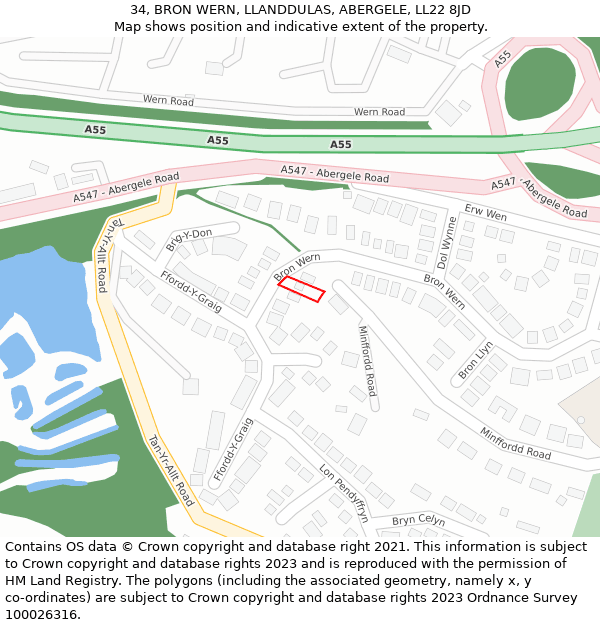 34, BRON WERN, LLANDDULAS, ABERGELE, LL22 8JD: Location map and indicative extent of plot