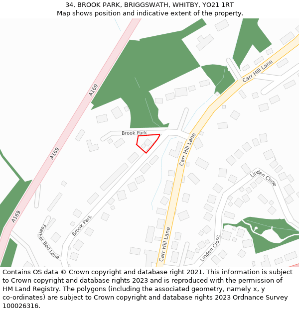 34, BROOK PARK, BRIGGSWATH, WHITBY, YO21 1RT: Location map and indicative extent of plot