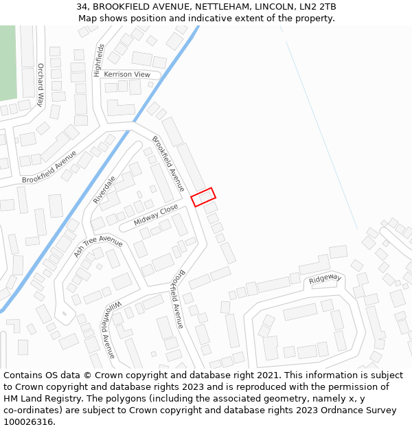 34, BROOKFIELD AVENUE, NETTLEHAM, LINCOLN, LN2 2TB: Location map and indicative extent of plot