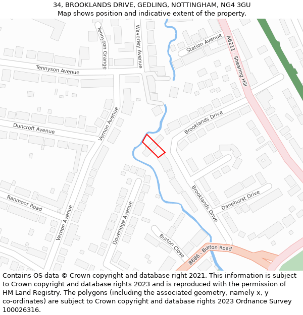 34, BROOKLANDS DRIVE, GEDLING, NOTTINGHAM, NG4 3GU: Location map and indicative extent of plot