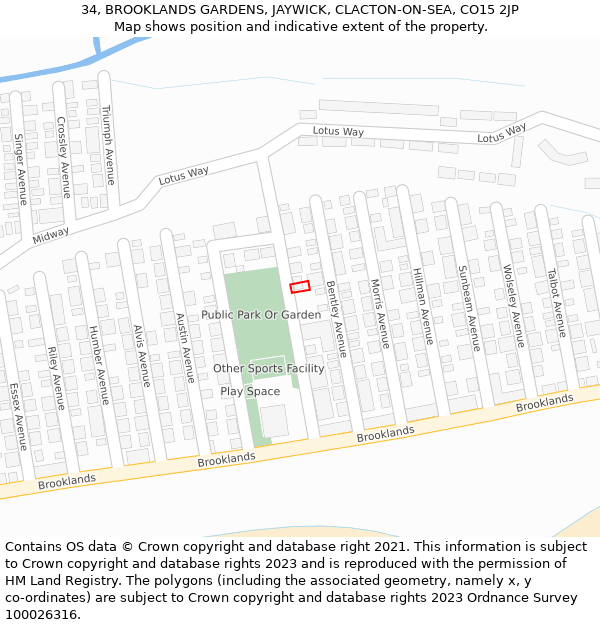 34, BROOKLANDS GARDENS, JAYWICK, CLACTON-ON-SEA, CO15 2JP: Location map and indicative extent of plot