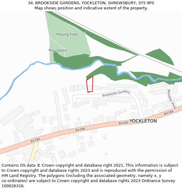 34, BROOKSIDE GARDENS, YOCKLETON, SHREWSBURY, SY5 9PS: Location map and indicative extent of plot