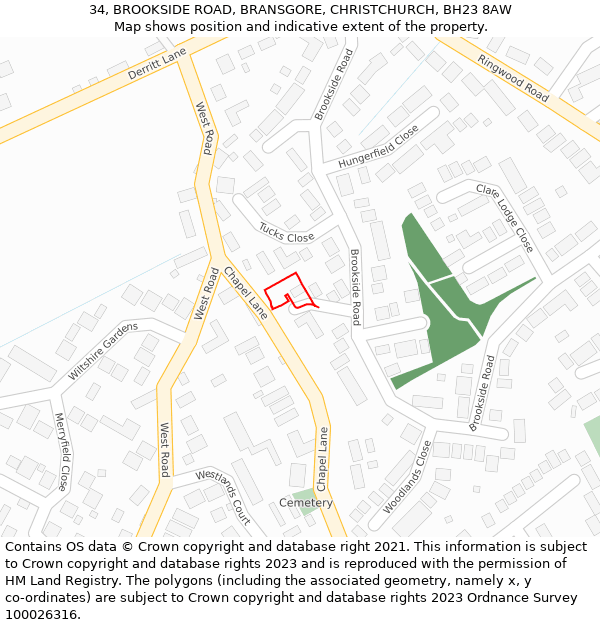34, BROOKSIDE ROAD, BRANSGORE, CHRISTCHURCH, BH23 8AW: Location map and indicative extent of plot
