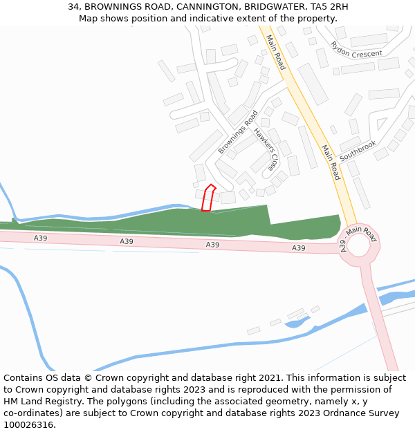 34, BROWNINGS ROAD, CANNINGTON, BRIDGWATER, TA5 2RH: Location map and indicative extent of plot