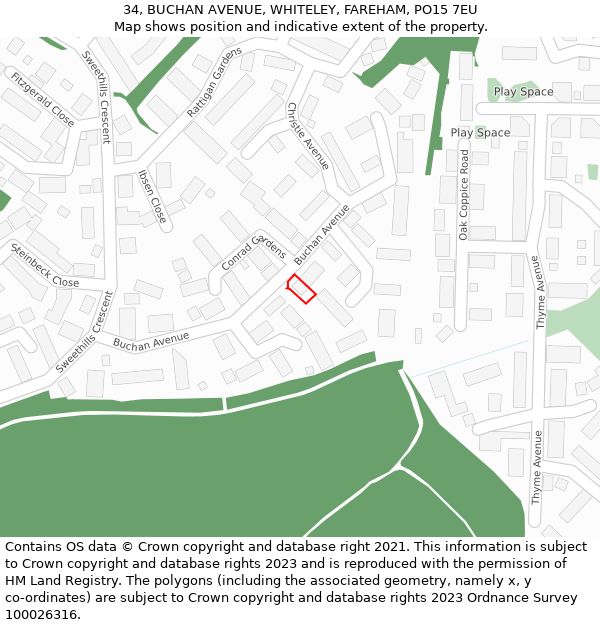 34, BUCHAN AVENUE, WHITELEY, FAREHAM, PO15 7EU: Location map and indicative extent of plot