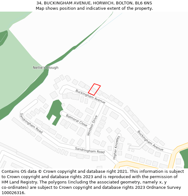 34, BUCKINGHAM AVENUE, HORWICH, BOLTON, BL6 6NS: Location map and indicative extent of plot