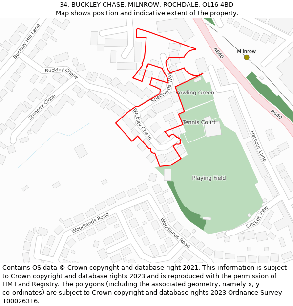 34, BUCKLEY CHASE, MILNROW, ROCHDALE, OL16 4BD: Location map and indicative extent of plot