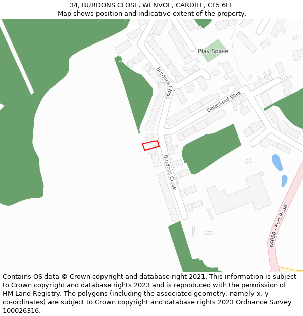 34, BURDONS CLOSE, WENVOE, CARDIFF, CF5 6FE: Location map and indicative extent of plot