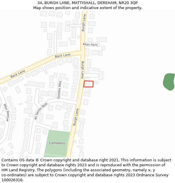 34, BURGH LANE, MATTISHALL, DEREHAM, NR20 3QP: Location map and indicative extent of plot