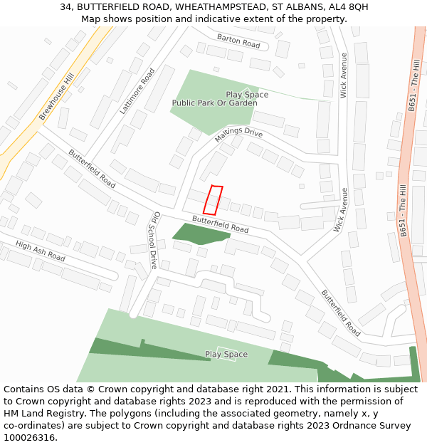 34, BUTTERFIELD ROAD, WHEATHAMPSTEAD, ST ALBANS, AL4 8QH: Location map and indicative extent of plot