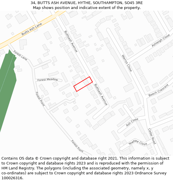 34, BUTTS ASH AVENUE, HYTHE, SOUTHAMPTON, SO45 3RE: Location map and indicative extent of plot