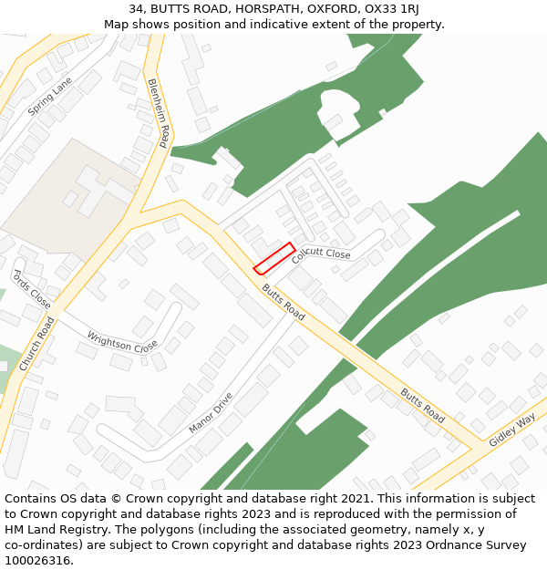 34, BUTTS ROAD, HORSPATH, OXFORD, OX33 1RJ: Location map and indicative extent of plot