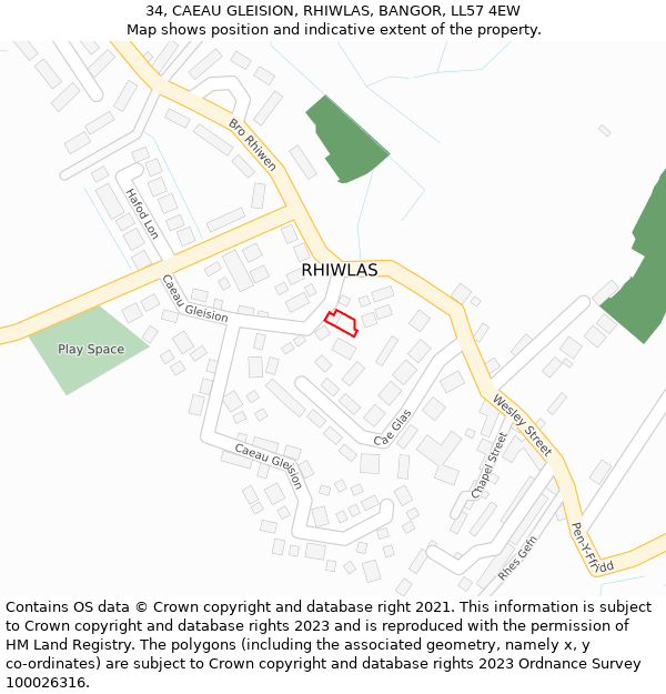 34, CAEAU GLEISION, RHIWLAS, BANGOR, LL57 4EW: Location map and indicative extent of plot