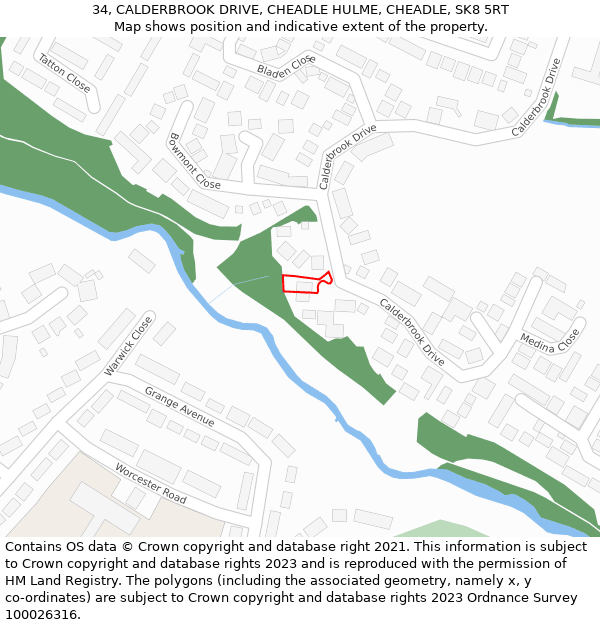 34, CALDERBROOK DRIVE, CHEADLE HULME, CHEADLE, SK8 5RT: Location map and indicative extent of plot