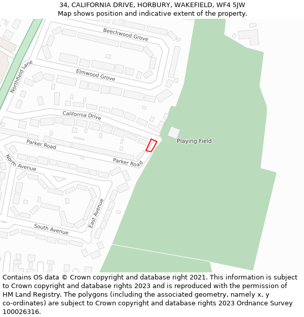 34, CALIFORNIA DRIVE, HORBURY, WAKEFIELD, WF4 5JW: Location map and indicative extent of plot