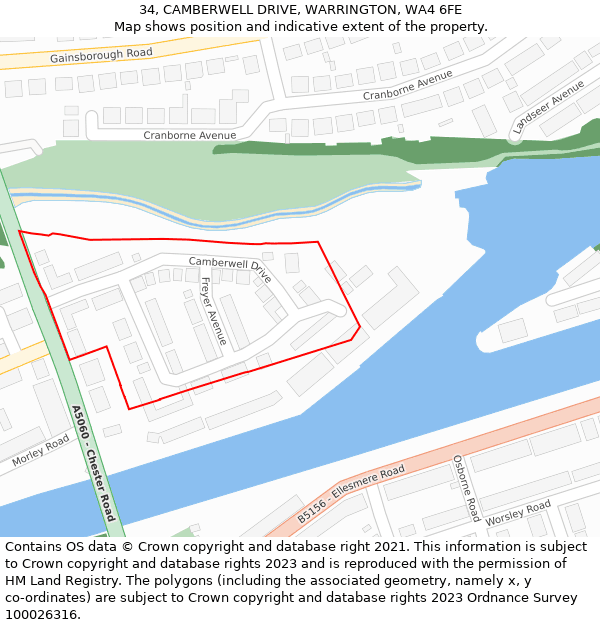 34, CAMBERWELL DRIVE, WARRINGTON, WA4 6FE: Location map and indicative extent of plot