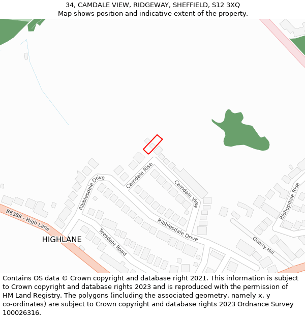34, CAMDALE VIEW, RIDGEWAY, SHEFFIELD, S12 3XQ: Location map and indicative extent of plot