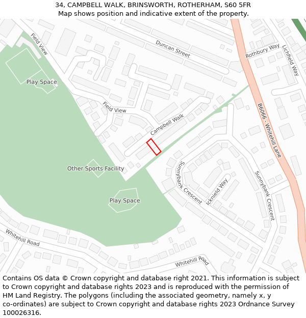 34, CAMPBELL WALK, BRINSWORTH, ROTHERHAM, S60 5FR: Location map and indicative extent of plot