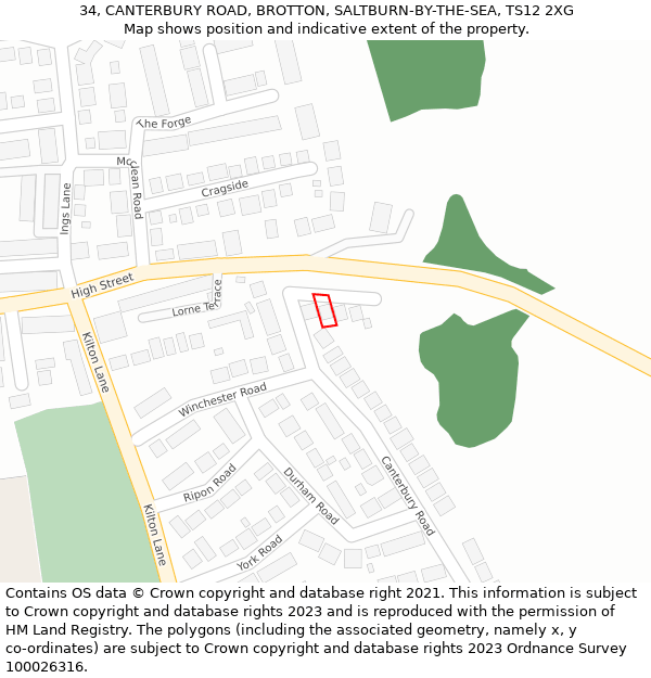 34, CANTERBURY ROAD, BROTTON, SALTBURN-BY-THE-SEA, TS12 2XG: Location map and indicative extent of plot