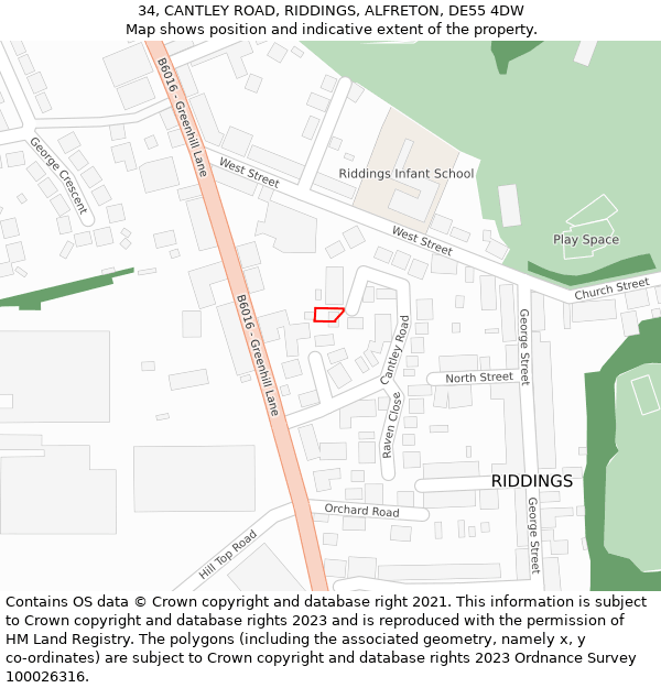 34, CANTLEY ROAD, RIDDINGS, ALFRETON, DE55 4DW: Location map and indicative extent of plot