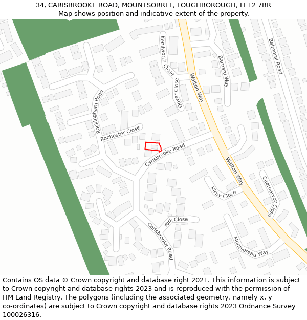 34, CARISBROOKE ROAD, MOUNTSORREL, LOUGHBOROUGH, LE12 7BR: Location map and indicative extent of plot