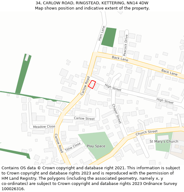 34, CARLOW ROAD, RINGSTEAD, KETTERING, NN14 4DW: Location map and indicative extent of plot