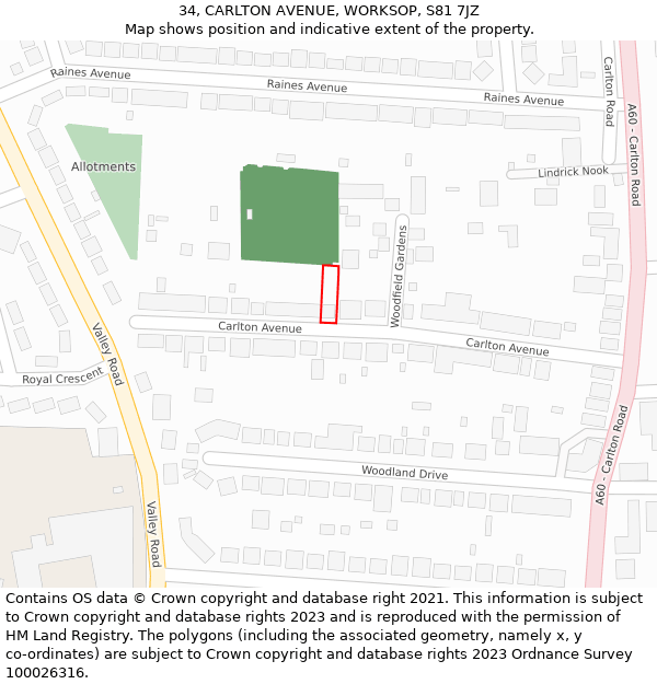 34, CARLTON AVENUE, WORKSOP, S81 7JZ: Location map and indicative extent of plot