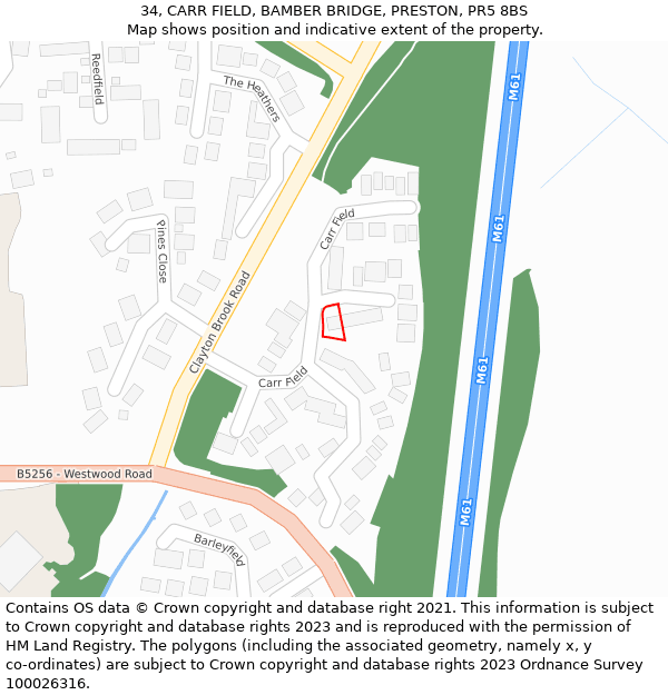 34, CARR FIELD, BAMBER BRIDGE, PRESTON, PR5 8BS: Location map and indicative extent of plot