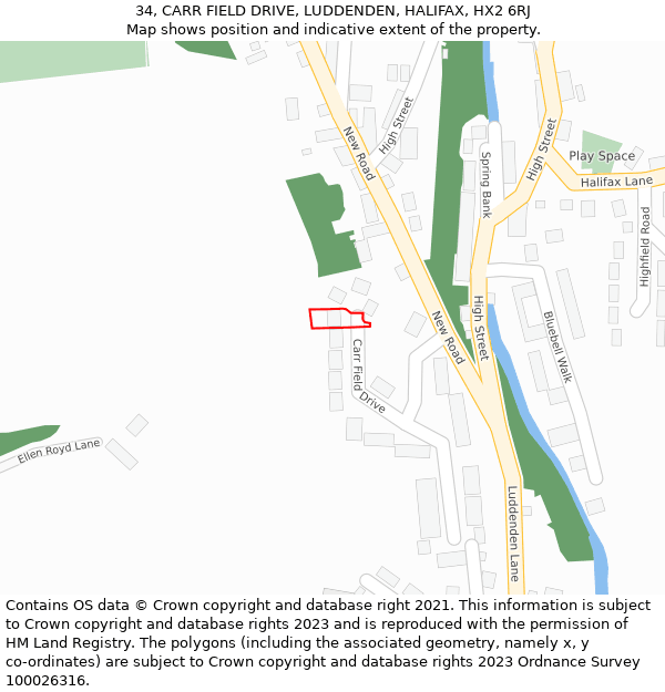 34, CARR FIELD DRIVE, LUDDENDEN, HALIFAX, HX2 6RJ: Location map and indicative extent of plot