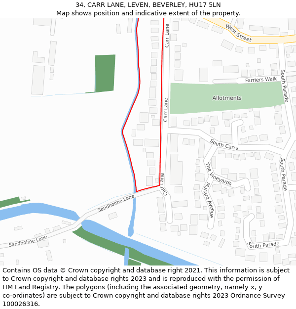 34, CARR LANE, LEVEN, BEVERLEY, HU17 5LN: Location map and indicative extent of plot