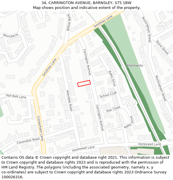 34, CARRINGTON AVENUE, BARNSLEY, S75 1BW: Location map and indicative extent of plot