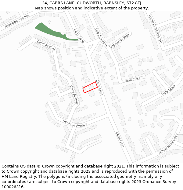 34, CARRS LANE, CUDWORTH, BARNSLEY, S72 8EJ: Location map and indicative extent of plot