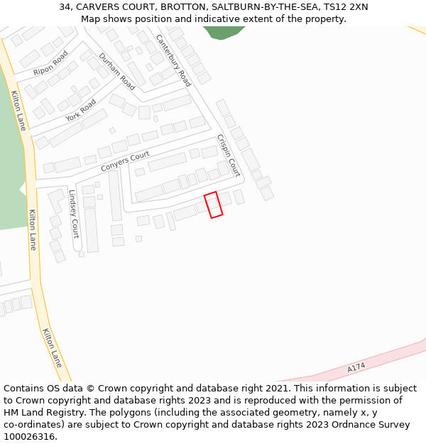 34, CARVERS COURT, BROTTON, SALTBURN-BY-THE-SEA, TS12 2XN: Location map and indicative extent of plot