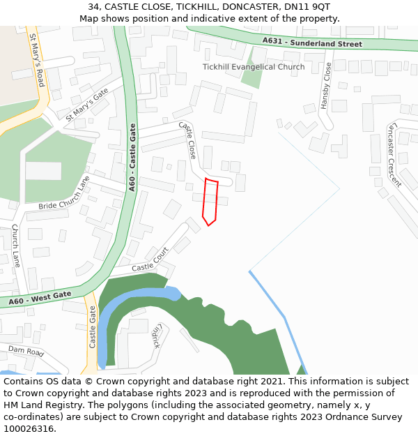 34, CASTLE CLOSE, TICKHILL, DONCASTER, DN11 9QT: Location map and indicative extent of plot