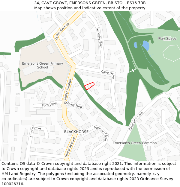 34, CAVE GROVE, EMERSONS GREEN, BRISTOL, BS16 7BR: Location map and indicative extent of plot