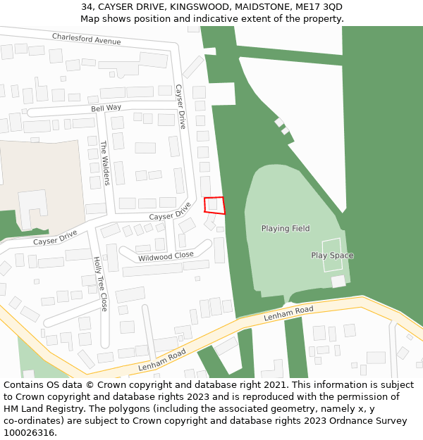 34, CAYSER DRIVE, KINGSWOOD, MAIDSTONE, ME17 3QD: Location map and indicative extent of plot