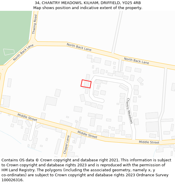 34, CHANTRY MEADOWS, KILHAM, DRIFFIELD, YO25 4RB: Location map and indicative extent of plot