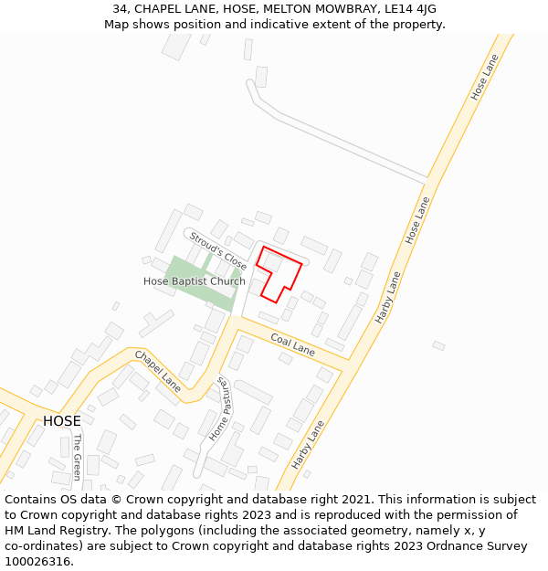 34, CHAPEL LANE, HOSE, MELTON MOWBRAY, LE14 4JG: Location map and indicative extent of plot