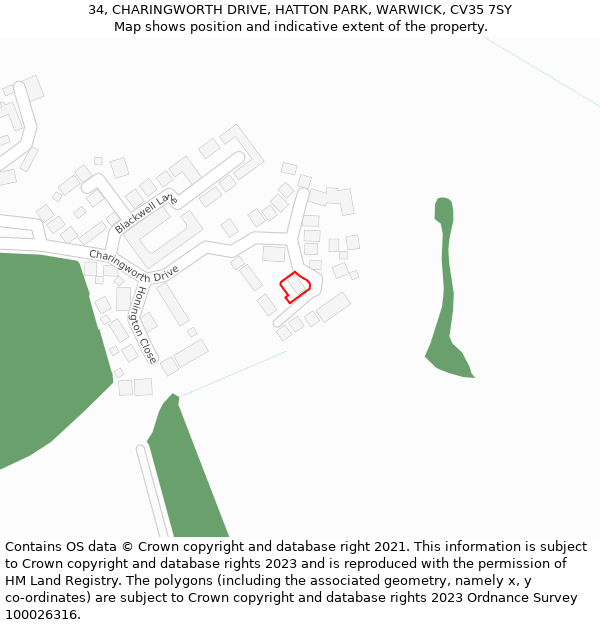 34, CHARINGWORTH DRIVE, HATTON PARK, WARWICK, CV35 7SY: Location map and indicative extent of plot