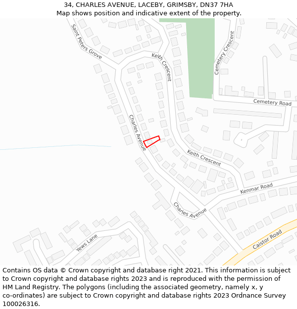 34, CHARLES AVENUE, LACEBY, GRIMSBY, DN37 7HA: Location map and indicative extent of plot